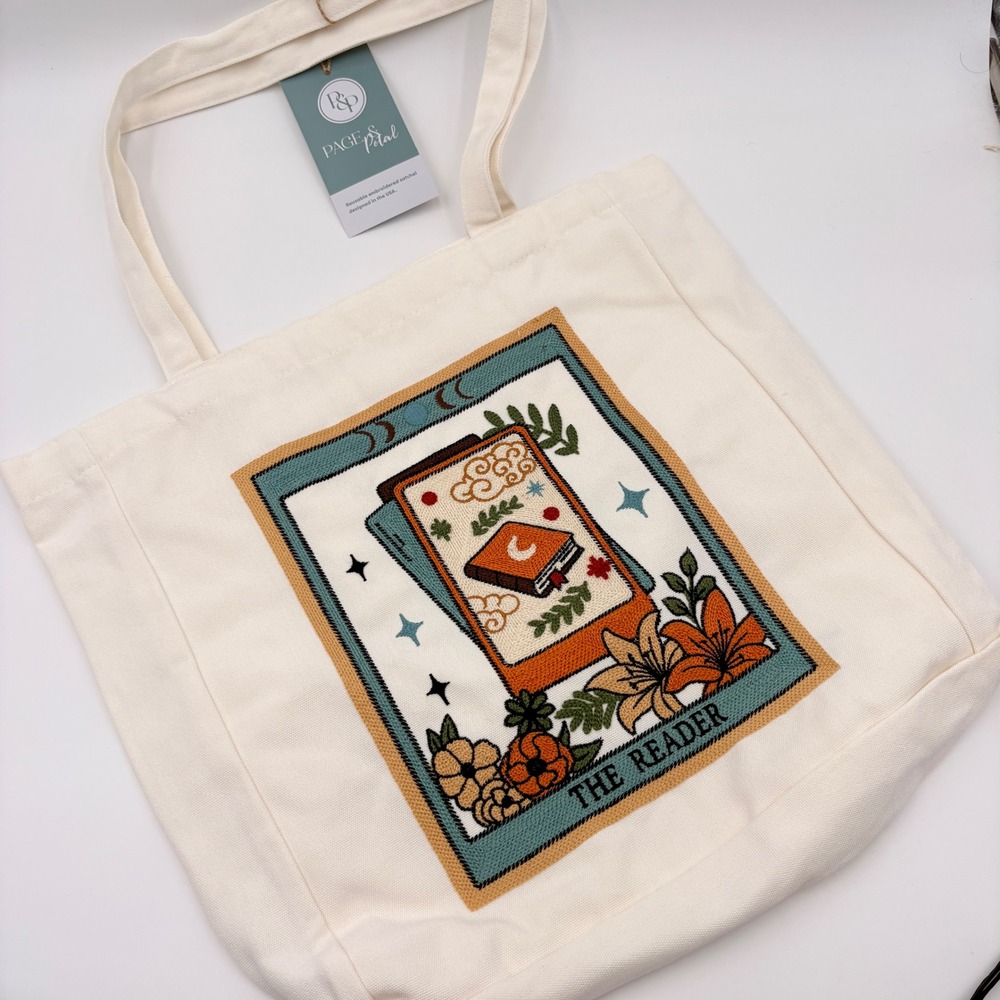 Page & Petal The Reader Tarot Card Embroidered Canvas Tote Bag Cream New